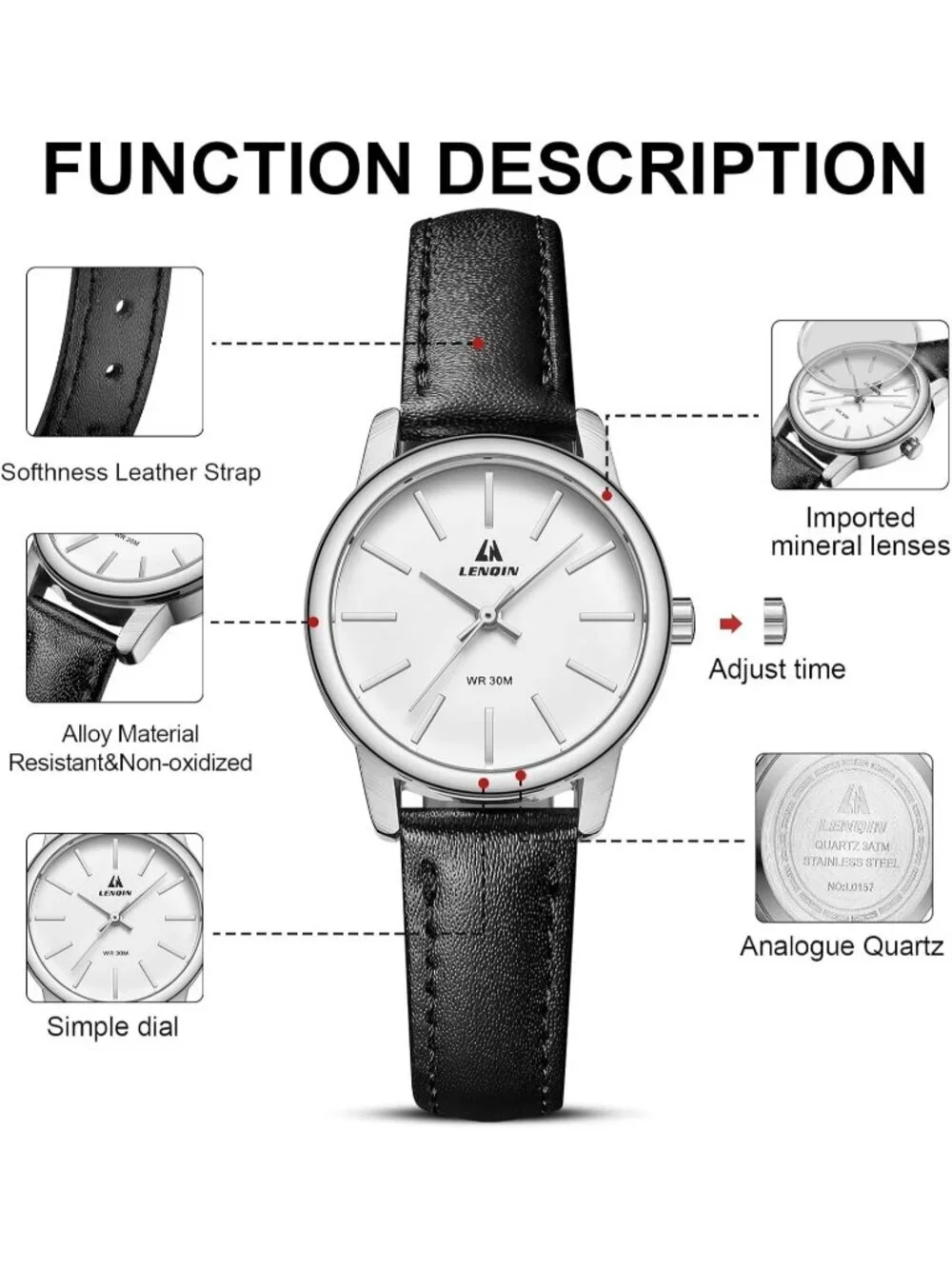 Ln Lenqin Womens Black Silver Analog Quartz Leather Strap Waterproof Wrist Watch